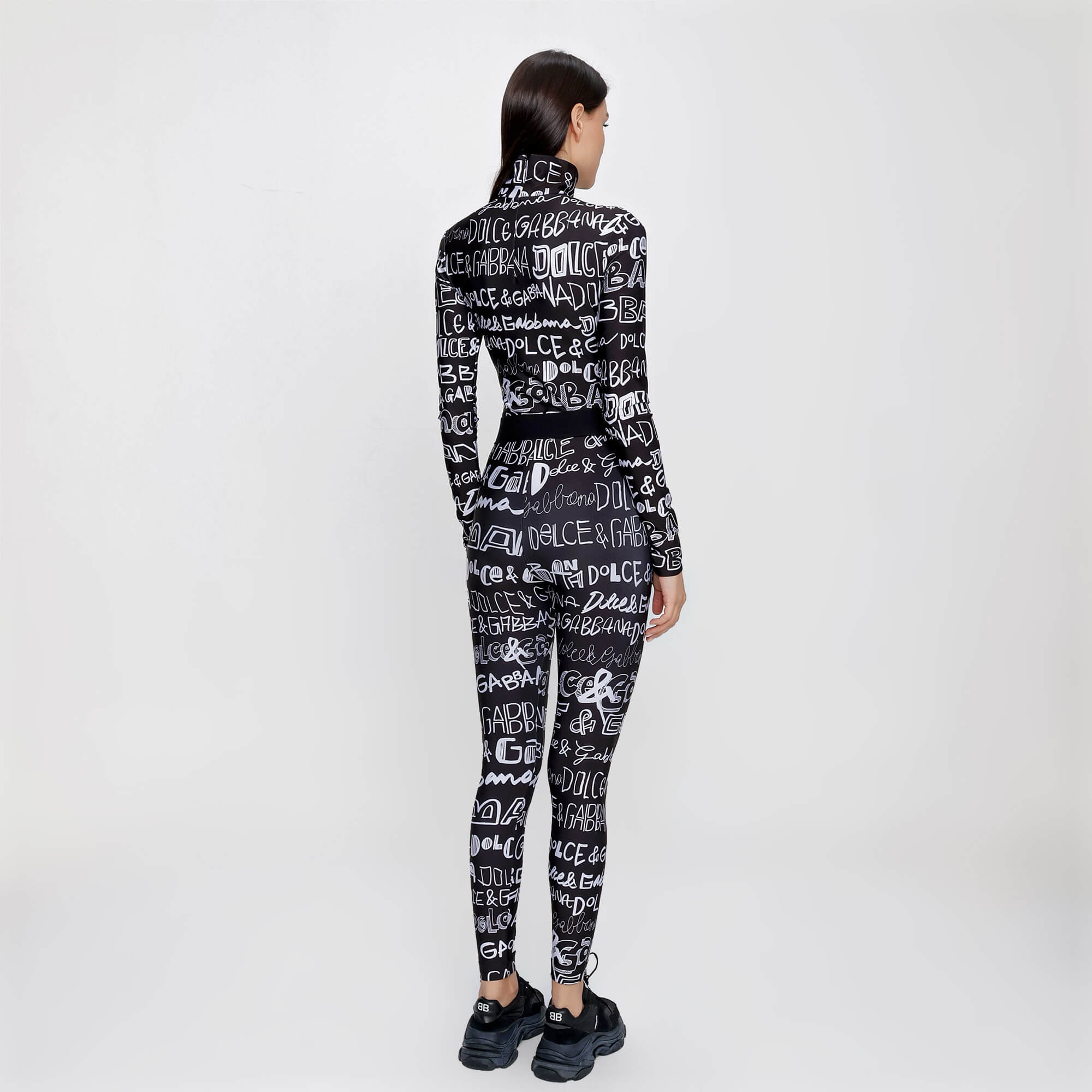 Dolce&Gabbana - Black & White Spandex Jersey DG Graffiti Print Bodysuit & Leggings Set